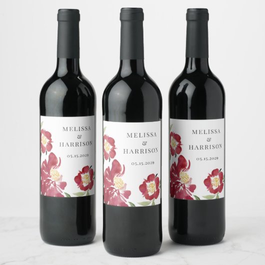 Rode Waterverf pioen bruiloft dank u Wijn Etiket (Flessen)