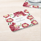 Rode Waterverf Pioen Bruiloft Kartonnen Onderzetters (Schuin)