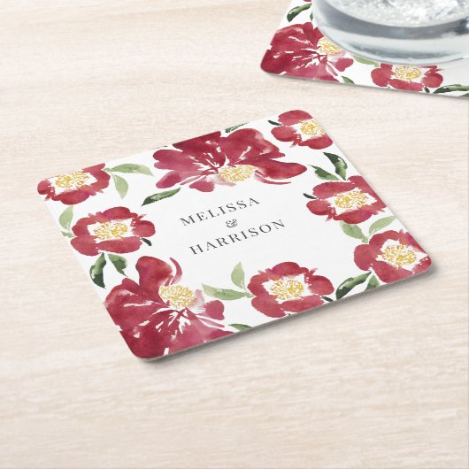 Rode Waterverf Pioen Bruiloft Kartonnen Onderzetters (Schuin)