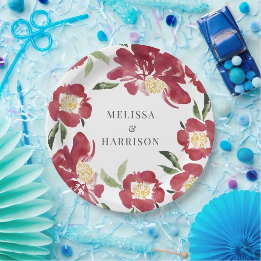 Rode Waterverf Pioen Bruiloft Papieren Bordje (Feest)