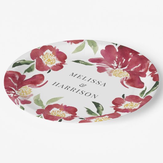 Rode Waterverf Pioen Bruiloft Papieren Bordje (Gekanteld)