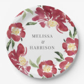 Rode Waterverf Pioen Bruiloft Papieren Bordje (Voorkant)