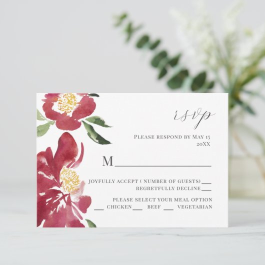 Rode Waterverf Pioenrozen bruiloft uitnodiging RSV (Staand voorkant)