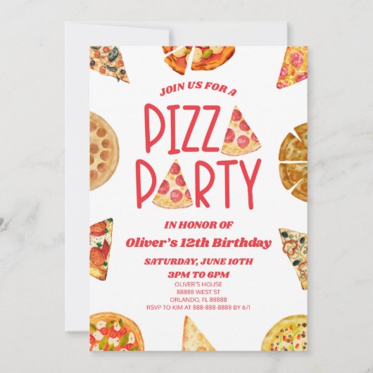 Rode Waterverf Pizza Party Verjaardagsfeest Kaart (Voorkant)