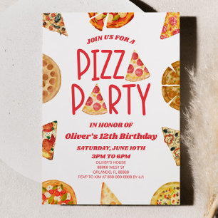 Rode Waterverf Pizza Party Verjaardagsfeest Kaart