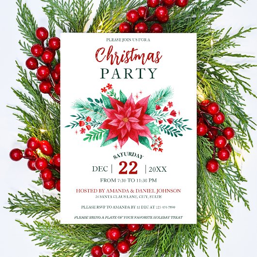 Rode Waterverf Poinsettia Bloemen Kerstfeest Kaart