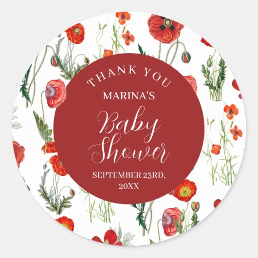 Rode Waterverf Poppies Florals Baby shower Ronde Sticker (Voorkant)