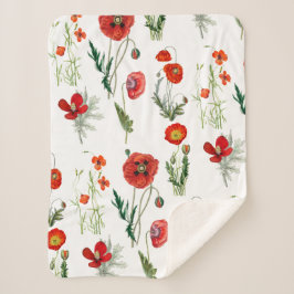 Rode Waterverf Poppies Florals Sherpa Deken