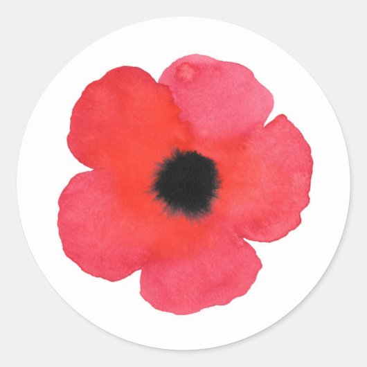 Rode Waterverf Poppy Ronde Sticker (Voorkant)
