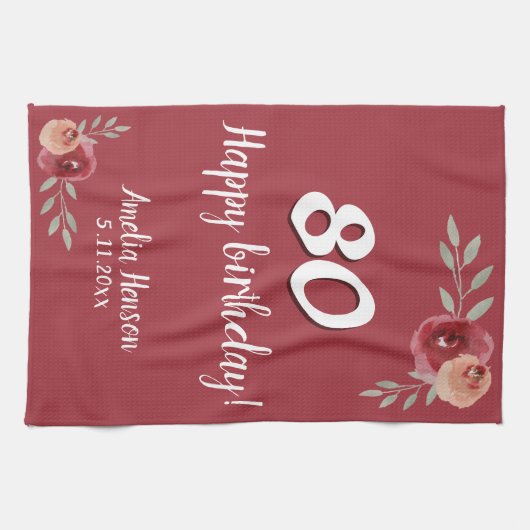 Rode Waterverf Roos Bloemen 80ste Verjaardag Theedoek (Horizontaal)