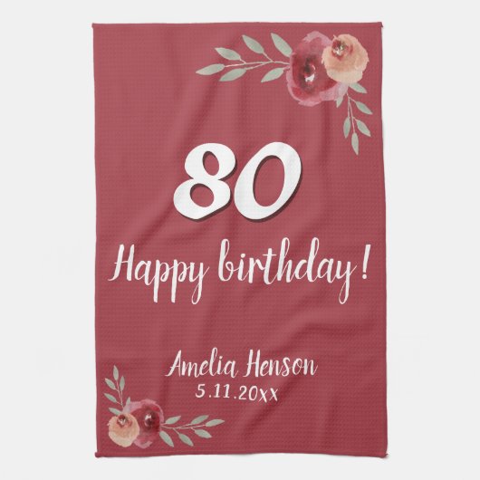 Rode Waterverf Roos Bloemen 80ste Verjaardag Theedoek (Verticaal)