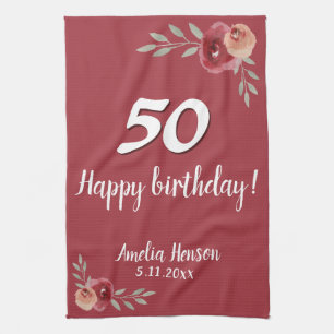 Rode Waterverf Roos Floral 50e verjaardag Theedoek