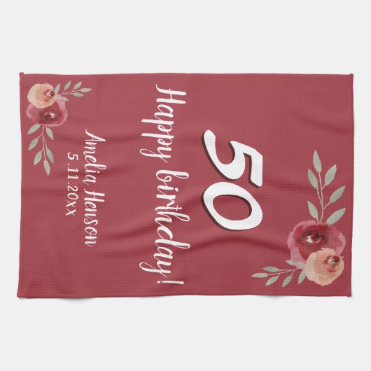 Rode Waterverf Roos Floral 50ste Verjaardag Theedoek (Horizontaal)