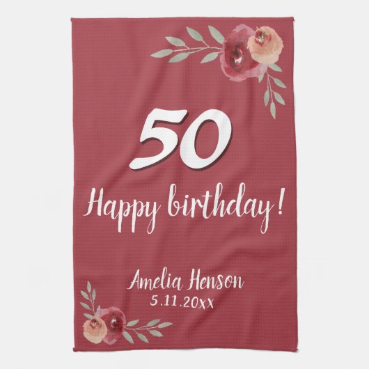 Rode Waterverf Roos Floral 50ste Verjaardag Theedoek (Verticaal)