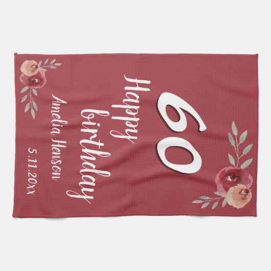 Rode Waterverf Roos Floral 60e verjaardag Theedoek (Horizontaal)