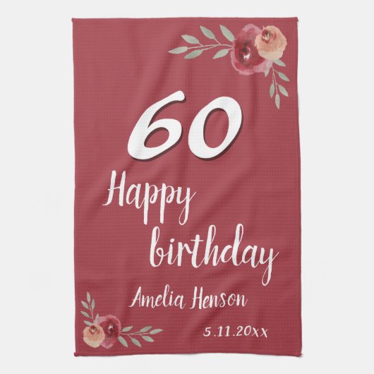 Rode Waterverf Roos Floral 60e verjaardag Theedoek (Verticaal)