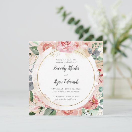 Rode Waterverf Rozen bruiloft Kaart (Staand voorkant)