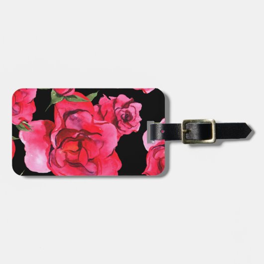 Rode Waterverf Rozen en groen op zwart Bagagelabel (Voorkant horizontaal)