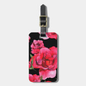 Rode Waterverf Rozen en groen op zwart Bagagelabel (Voorkant verticaal)