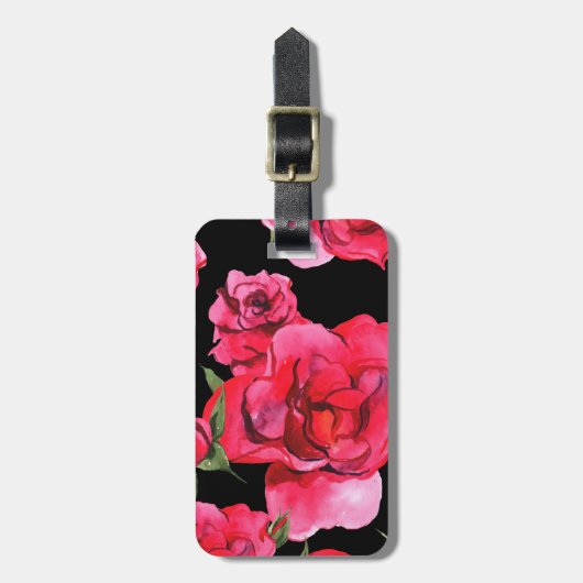 Rode Waterverf Rozen en groen op zwart Bagagelabel (Voorkant verticaal)