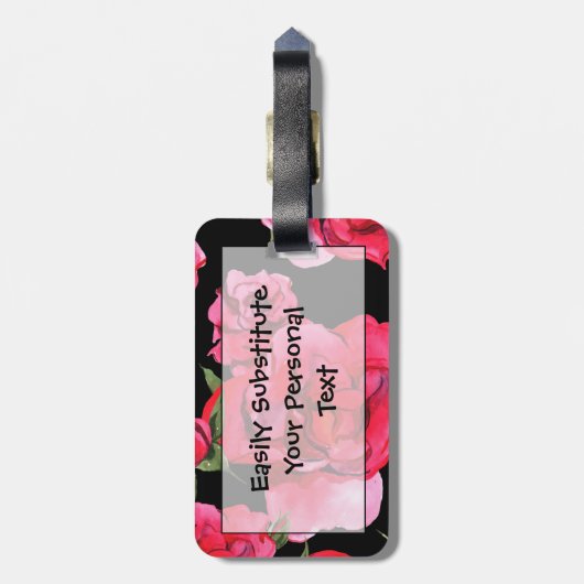 Rode Waterverf Rozen en groen op zwart Bagagelabel (Achterkant verticaal)