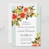 Rode Waterverf Rozen Mint en witte bruiloft Kaart (Voorkant)