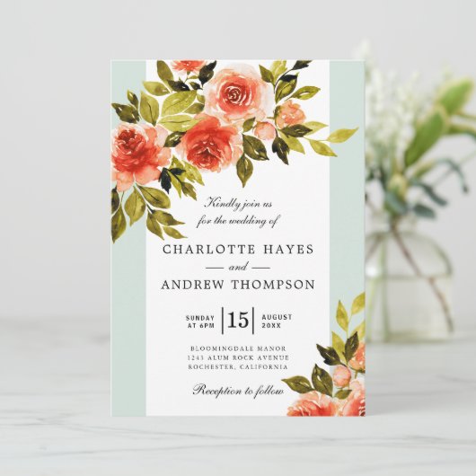 Rode Waterverf Rozen Mint en witte bruiloft Kaart (Staand voorkant)