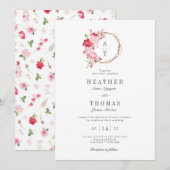 Rode Waterverf Rozen Monogram Wreath Wedding Kaart (Voorkant / Achterkant)