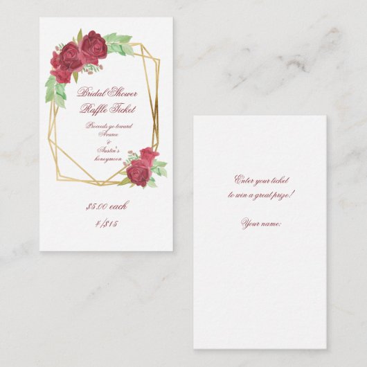 Rode Waterverf Rozen Vrijgezellenfeest Raffle Tick Informatiekaartje (Voorkant / Achterkant)