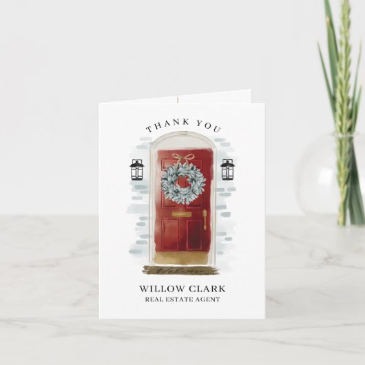 Rode Waterverf voordeur & krans Dank u Bedankkaart (Voorkant)