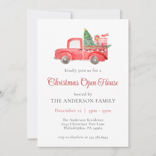 Rode Waterverf Vrachtwagen Kerst Vakantie Open Hui Kaart (Voorkant)