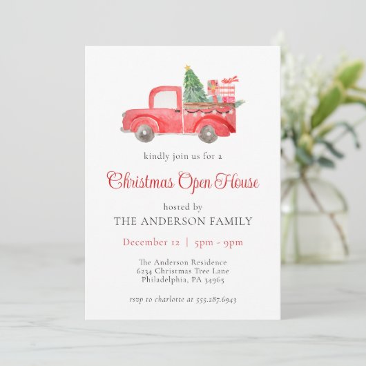 Rode Waterverf Vrachtwagen Kerst Vakantie Open Hui Kaart (Staand voorkant)