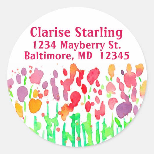 Rode Waterverf Wildflower Retouradres Ronde Sticker (Voorkant)