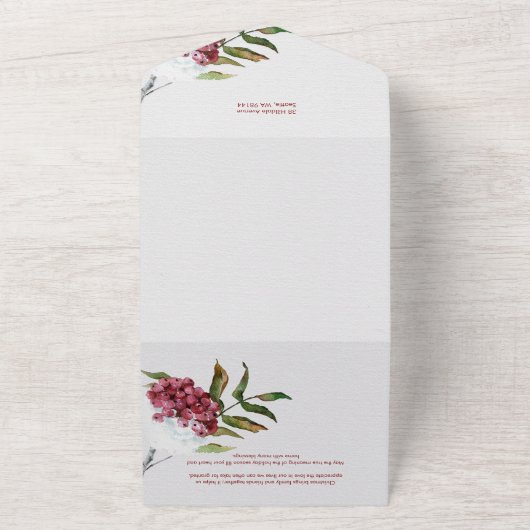 Rode Waterverf winterbessen op sneeuwfoto All In One Uitnodiging (Buitenkant)