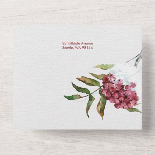 Rode Waterverf winterbessen op sneeuwfoto All In One Uitnodiging (Achterkant)