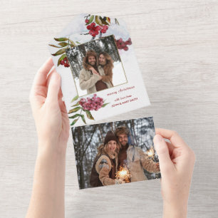 Rode Waterverf winterbessen op sneeuwfoto All In One Uitnodiging