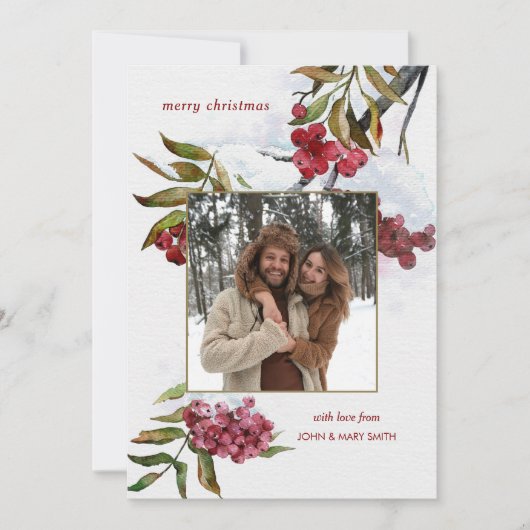 Rode Waterverf winterbessen op sneeuwfoto Feestdagenkaart (Voorkant)