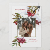 Rode Waterverf winterbessen op sneeuwfoto Feestdagenkaart (Voorkant / Achterkant)