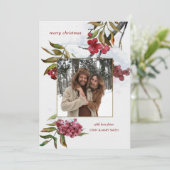 Rode Waterverf winterbessen op sneeuwfoto Feestdagenkaart (Staand voorkant)