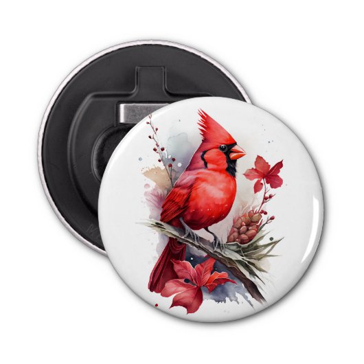 Rode Waterverf Winterkardinaal Button Flesopener (Voorkant)