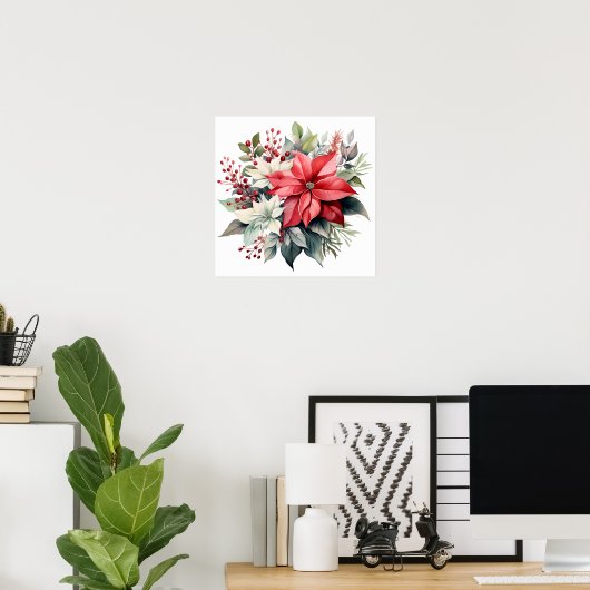  Rode Waterverf Xmas Poinsettia Flowers Poster (Thuiskantoor)