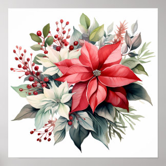  Rode Waterverf Xmas Poinsettia Flowers Poster