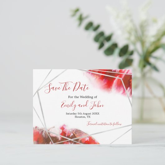 Rode Waterverf/zilveren geometrie/Bewaar de datum Briefkaart (Staand voorkant)