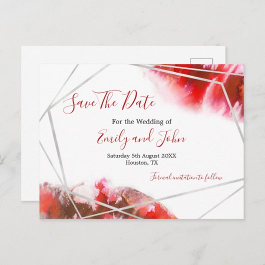 Rode Waterverf/zilveren geometrie/Bewaar de datum Briefkaart (Voorkant / Achterkant)