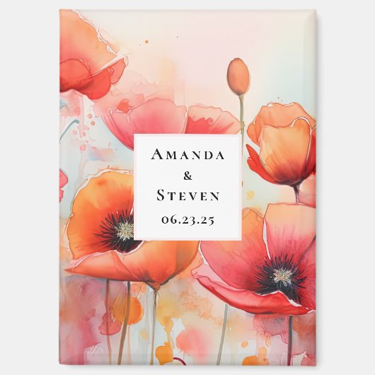 Rode waterverfpopulieren in een veld Save the Date Magneet (Voorkant)