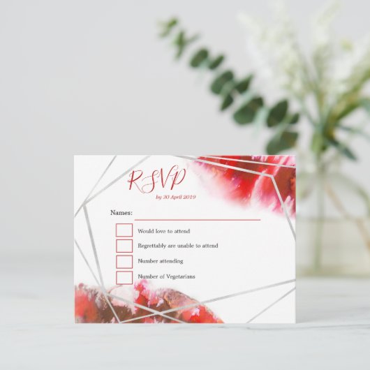 Rode Waterverven/zilveren geometrische lijn RSVP Briefkaart (Staand voorkant)