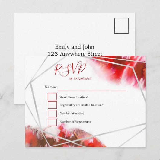 Rode Waterverven/zilveren geometrische lijn RSVP Briefkaart (Voorkant / Achterkant)