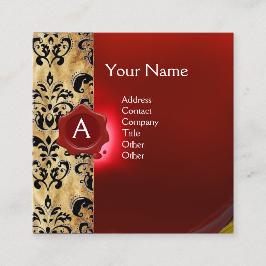 RODE WAX SEAL DAMASK PARCHMENT MONOGRAM VIERKANTE VISITEKAARTJE (Voorkant)