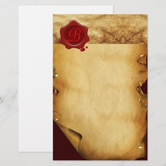 RODE WAX SEAL PARCHMENT Monogram Briefpapier (Voorkant / Achterkant)