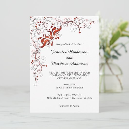 rode wervelingen op witte bruiloft uitnodiging (Staand voorkant)